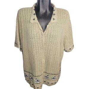 Tradition Light Green Open Knit Embroidered Button-Up Short Sleeve Top